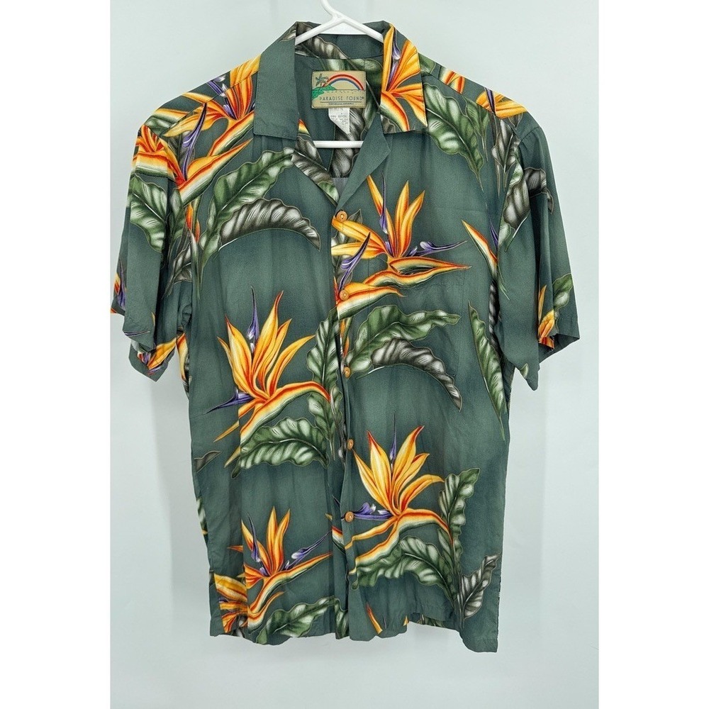 Paradise Found Mens Hawaiian Shirt Bird of Paradise Rayon Green Floral Small